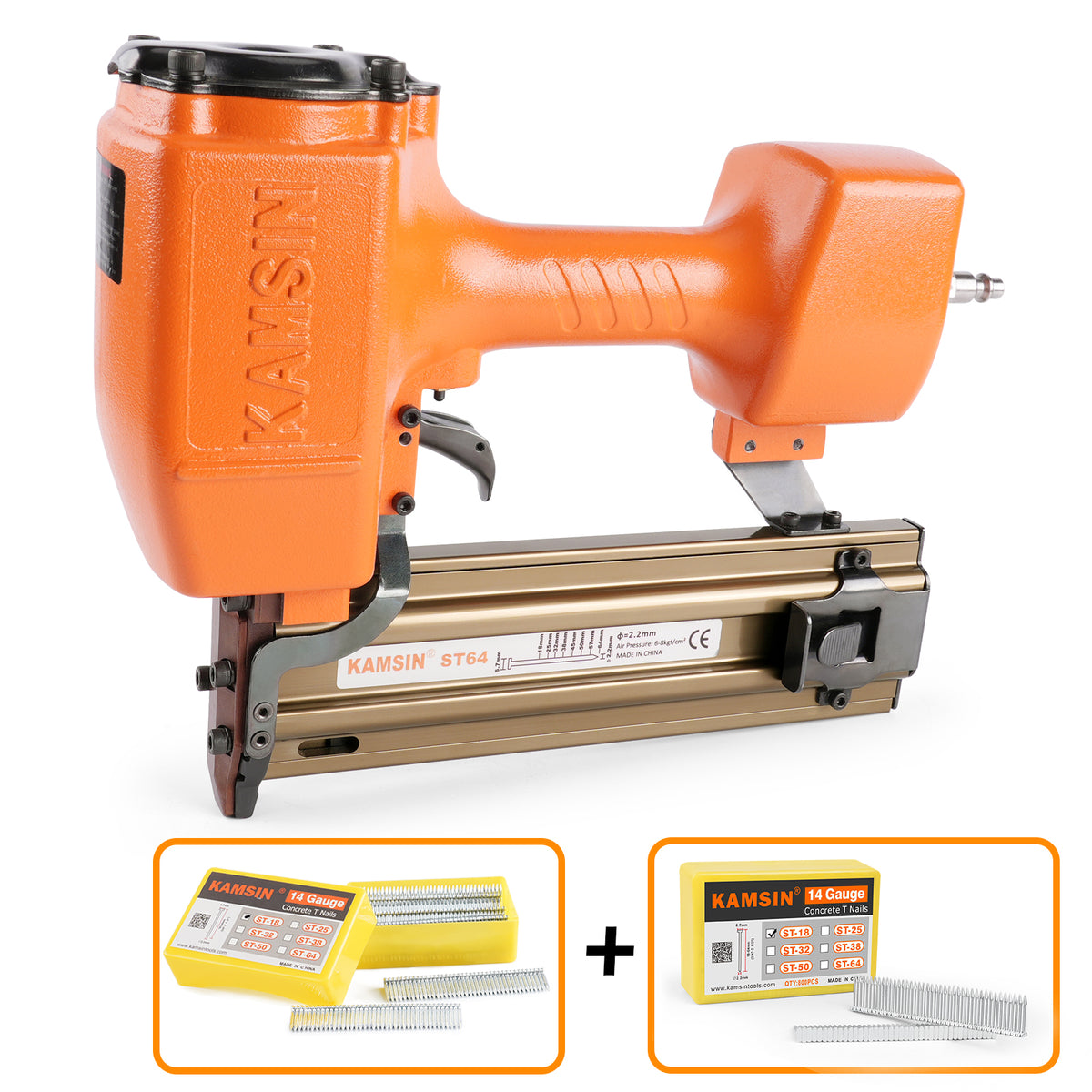 KAMSIN ST64 14 Gauge Heavy Duty Pneumatic Concrete T Nailer Kit with 400PCS ST18 and 800PCS ST18-ST64 Concrete T Nails