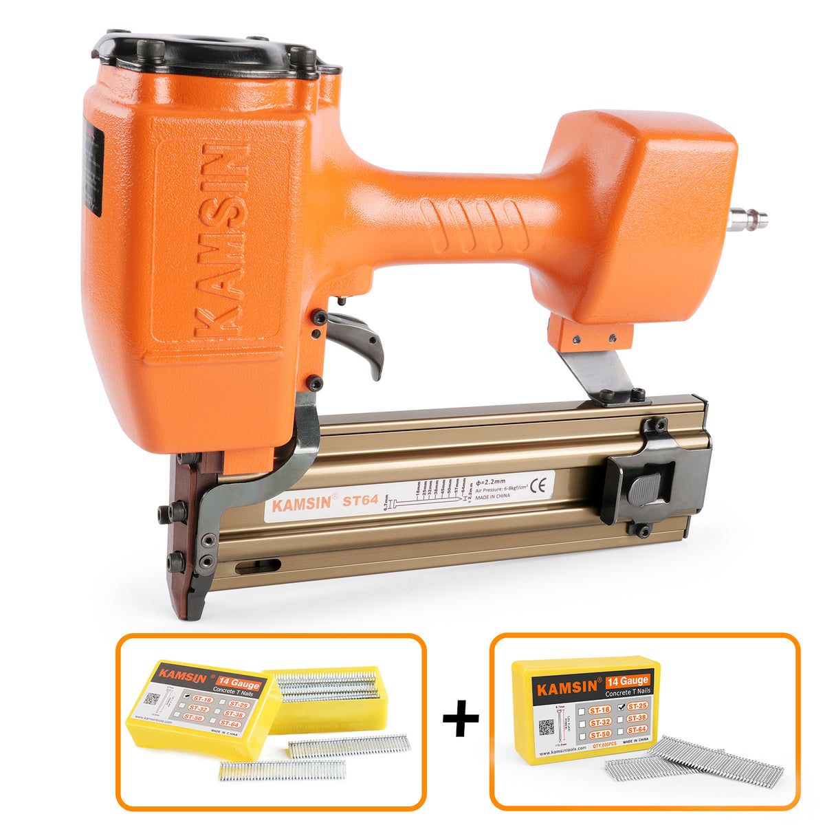 KAMSIN ST64 14 Gauge Heavy Duty Pneumatic Concrete T Nailer Kit with 400PCS ST18 and 800PCS ST18-ST64 Concrete T Nails