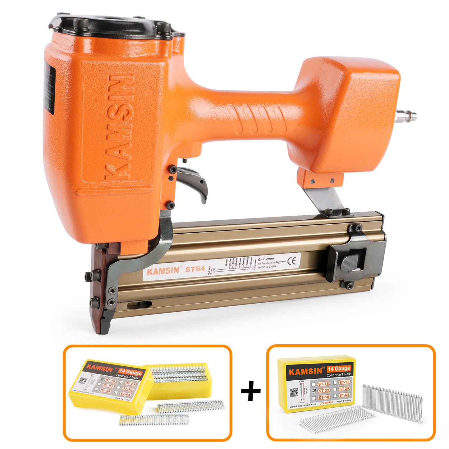 KAMSIN ST64 14 Gauge Heavy Duty Pneumatic Concrete T Nailer Kit with 400PCS ST18 and 800PCS ST18-ST64 Concrete T Nails