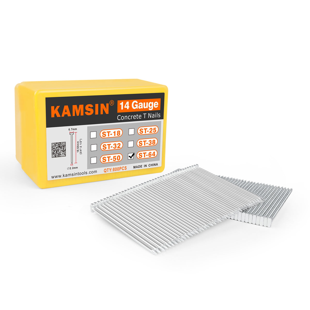 KAMSIN 14 Gauge Concrete T Nails, 18-64mm (3/4"-2 1/2"), Galvanized, 800 PCS/BOX