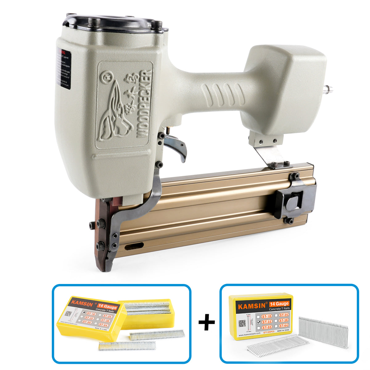 Woodpecker ST64 14 Gauge Heavy Duty Pneumatic Concrete T Nailer Kit with 400PCS ST18 and 800PCS ST18-ST64 Concrete T Nails
