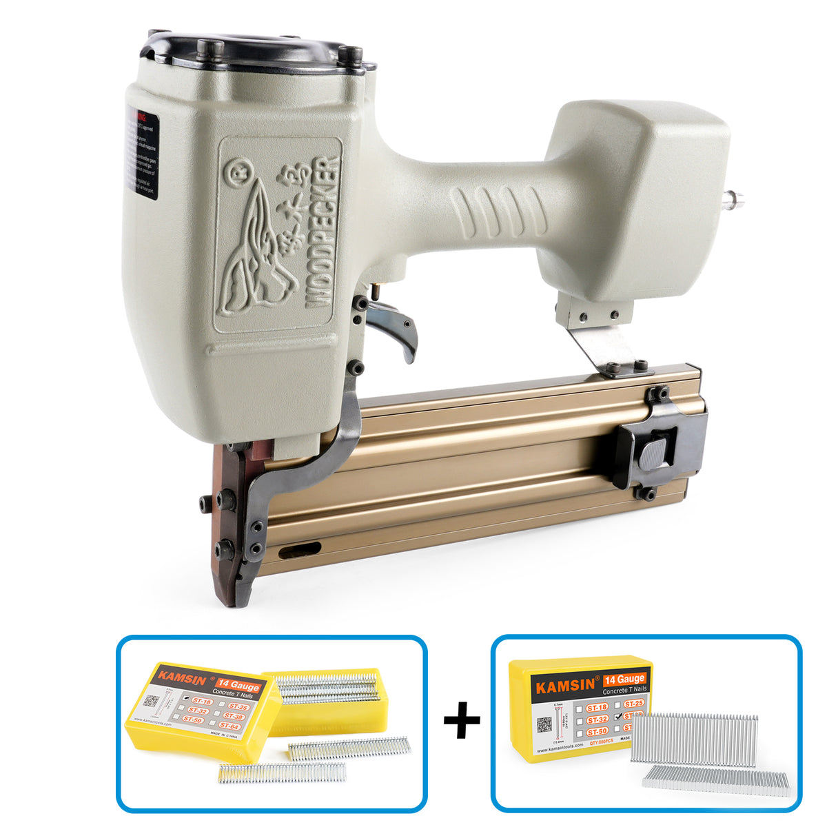Woodpecker ST64 14 Gauge Heavy Duty Pneumatic Concrete T Nailer Kit with 400PCS ST18 and 800PCS ST18-ST64 Concrete T Nails