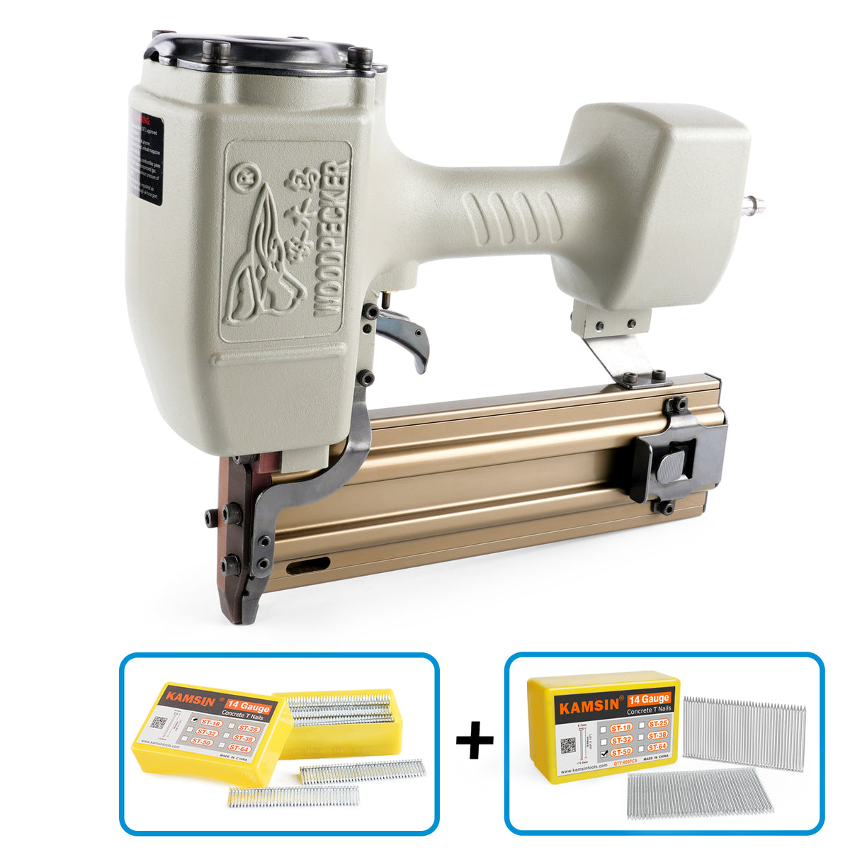 Woodpecker ST64 14 Gauge Heavy Duty Pneumatic Concrete T Nailer Kit with 400PCS ST18 and 800PCS ST18-ST64 Concrete T Nails