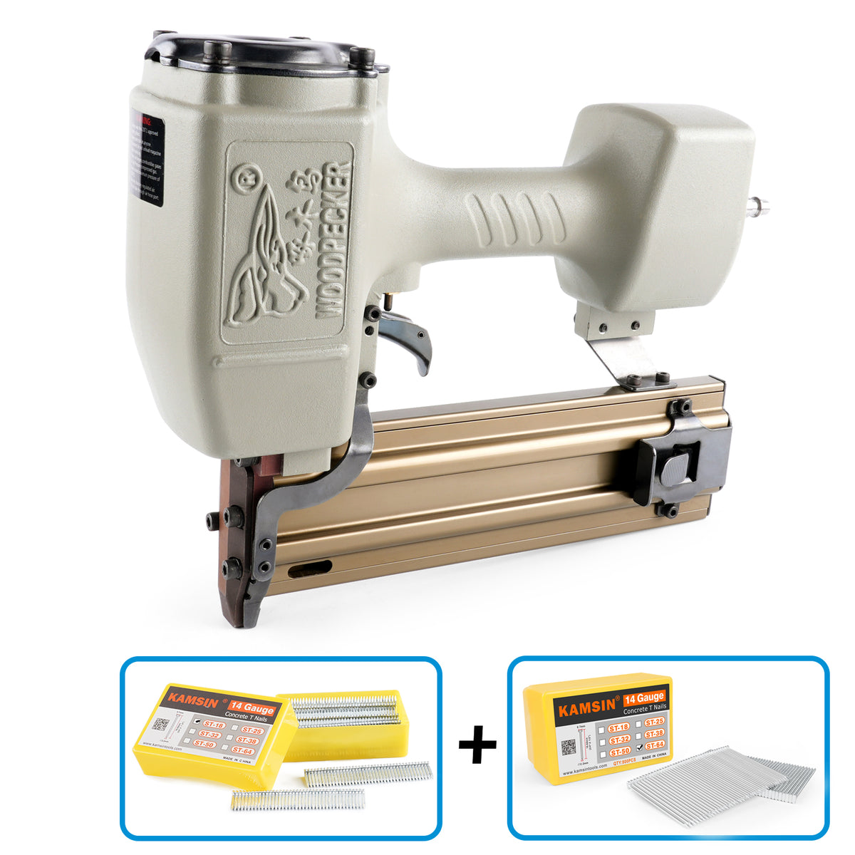 Woodpecker ST64 14 Gauge Heavy Duty Pneumatic Concrete T Nailer Kit with 400PCS ST18 and 800PCS ST18-ST64 Concrete T Nails
