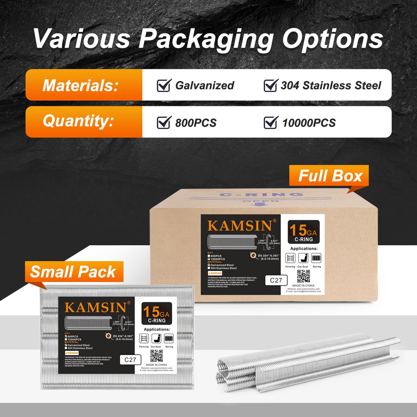 KAMSIN C27 Hog Rings- 15 Gauge Galvanized C-Type Staples, 15/16"(23.4mm) Inner Crown - Compatible with C7 Air Hog Ring Gun for Cages, Fencing, and DIY Projects