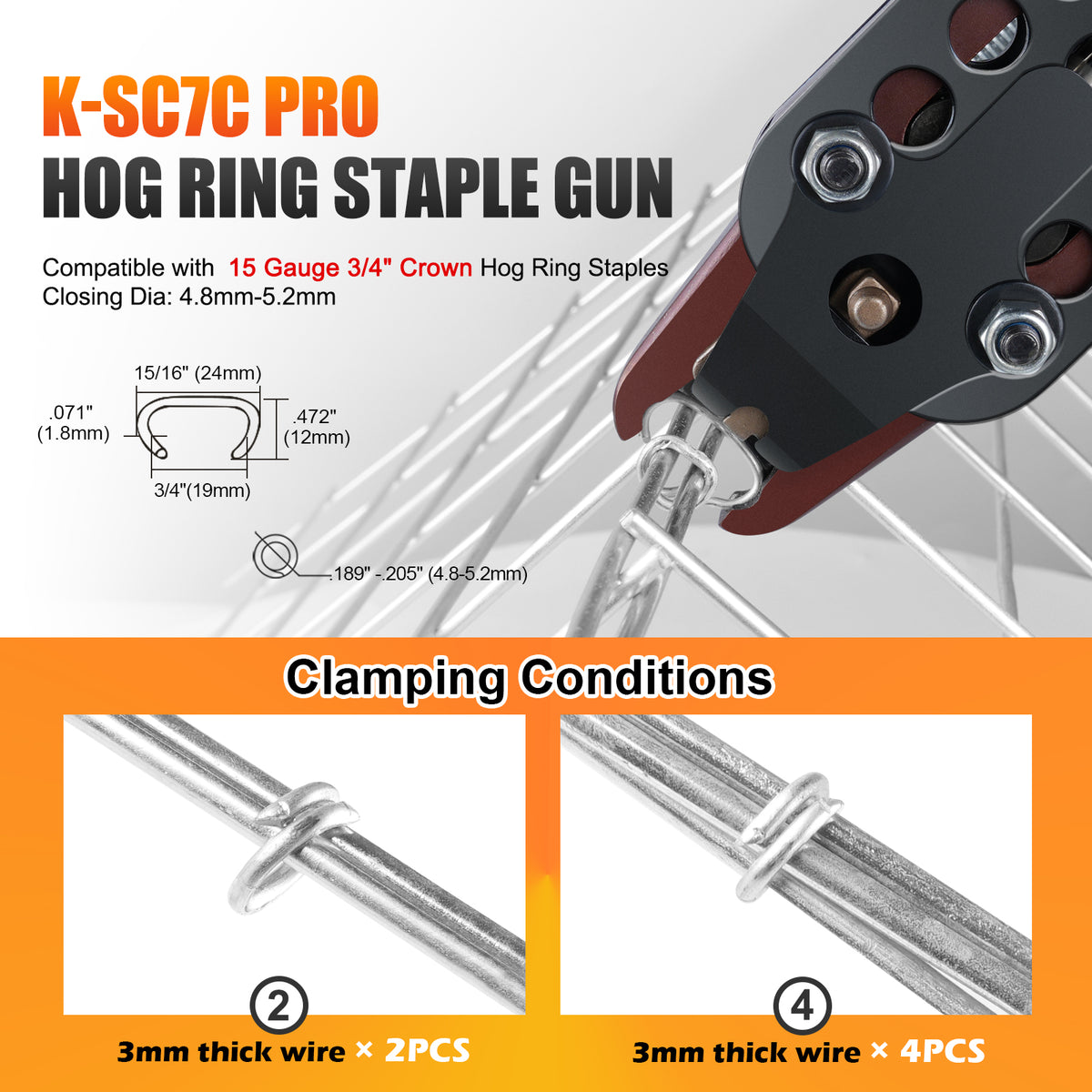 KAMSIN K-SC7C PRO Pistola neumática de anillo de cerdo con gatillo mejorado de calibre 15, corona de 3/4 pulgadas, diámetro de cierre de 4.8-5.2 mm, alicates de anillo en C accionados por aire para jaulas, cercas y tapicería automotriz