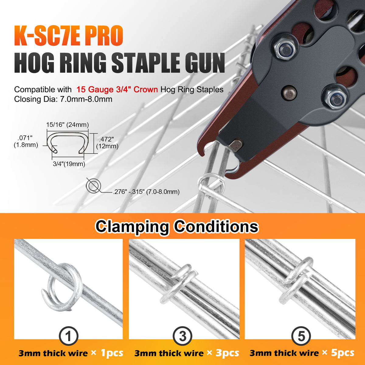 KAMSIN K-SC7E PRO Pistola Neumática de Anillo de Cerdo de Nariz Larga con Gatillo Mejorado Calibre 15, Corona de 3/4 Pulgadas, Diámetro de Cierre de 7-8mm, Alicates de Anillo C Accionados por Aire para Jaulas, Cercas y Tapicería Automotriz