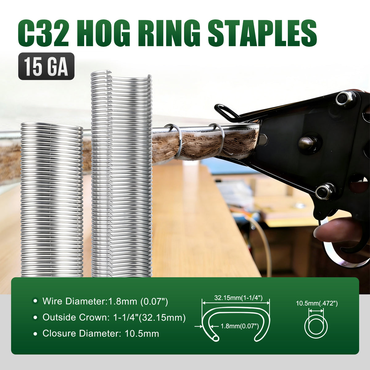 Pistola neumática para anillos de cerdo Woodpecker C3 - Calibre 15, corona exterior de 1-1/4”, diámetro de cierre de 10.5 mm, tenazas para anillos en C, herramienta para anillos de cerdo para colchón de fibra de coco