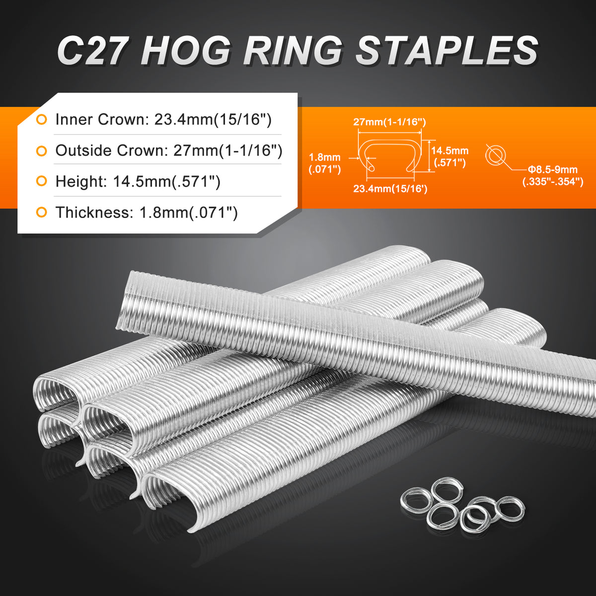 Anillas KAMSIN C27 - Grapas tipo C galvanizadas de calibre 15, corona interior de 15/16" (23.4 mm) - Compatibles con pistola de anillas neumática C7 para jaulas, cercas y proyectos de bricolaje