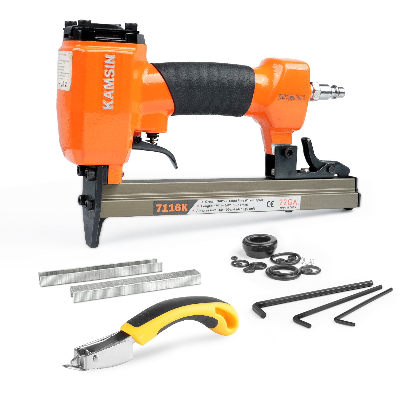 KAMSIN 7116K 22 Gauge 71 Series Pneumatic Upholstery Stapler, 3/8-inch(9.0mm) Crown Fine Wire Tool, 1/4-inch to 5/8-inch(6-16mm) Leg Length Air Upholstery Staple Gun for Furniture Upholstering