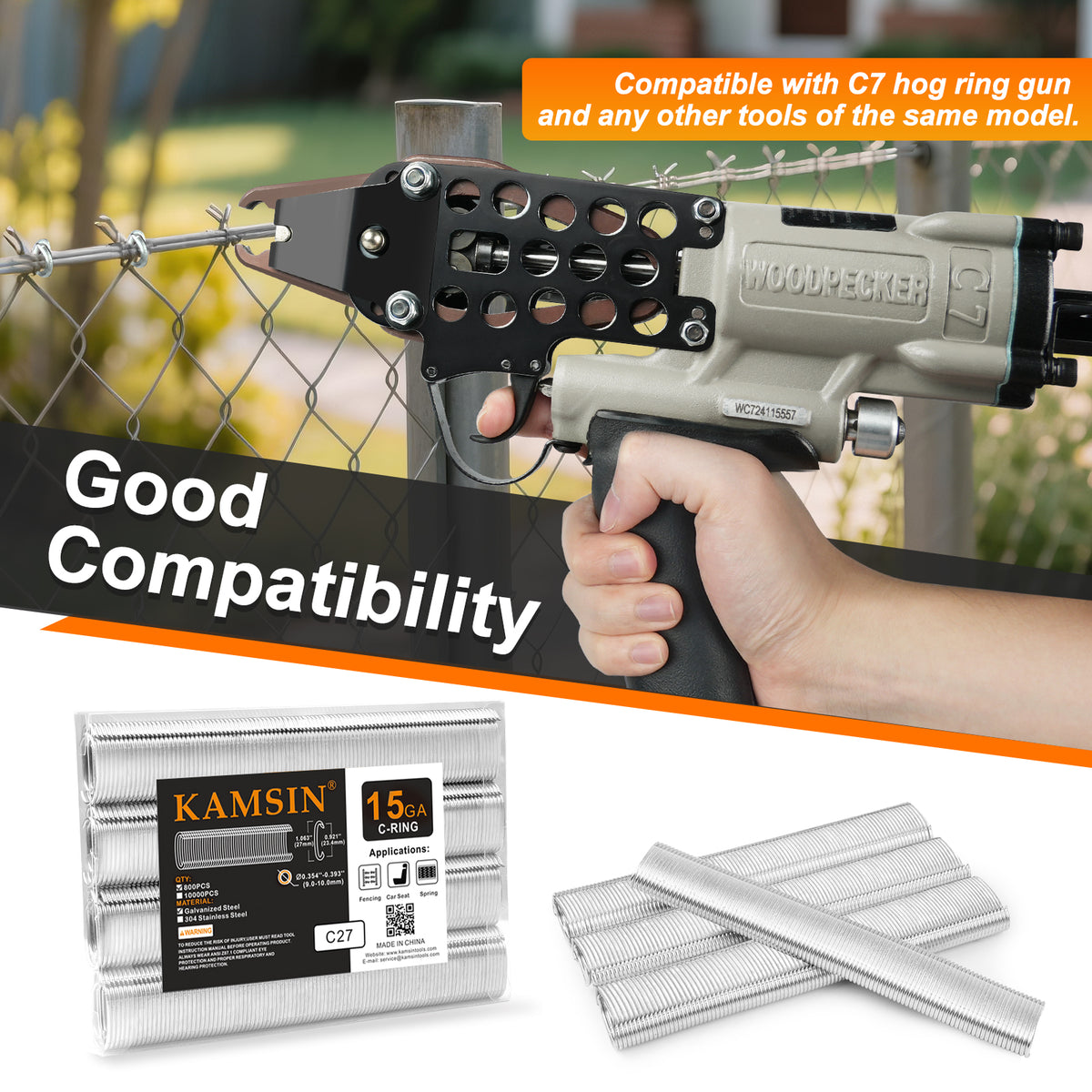 Anillas KAMSIN C27 - Grapas tipo C galvanizadas de calibre 15, corona interior de 15/16" (23.4 mm) - Compatibles con pistola de anillas neumática C7 para jaulas, cercas y proyectos de bricolaje