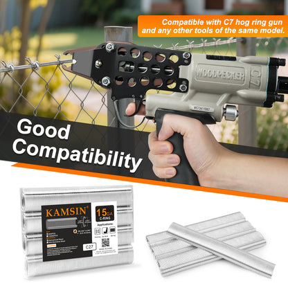 KAMSIN C27 Hog Rings- 15 Gauge Galvanized C-Type Staples, 15/16"(23.4mm) Inner Crown - Compatible with C7 Air Hog Ring Gun for Cages, Fencing, and DIY Projects