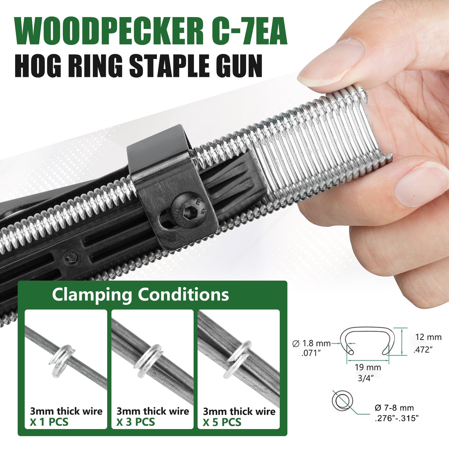 Woodpecker C-7EA 15-Gauge Pneumatic Hog Ring Gun | 3/4-Inch Crown Long Nose C-Ring Stapler, 7-8mm Closure Diameter | Professional Air-Powered Tool for Fencing, Mattress & Automotive Upholstery