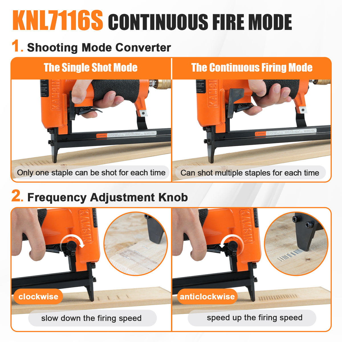 Kamsin KNL7116S Engrapadora Neumática de Tapicería de Calibre 22 con Interruptor de Disparo Rápido, Corona de 3/8 Pulgadas, Longitud de Pata de 1/4 a 5/8 Pulgadas, Grapadora de Alambre Fino para Muebles y Sujeción de Telas