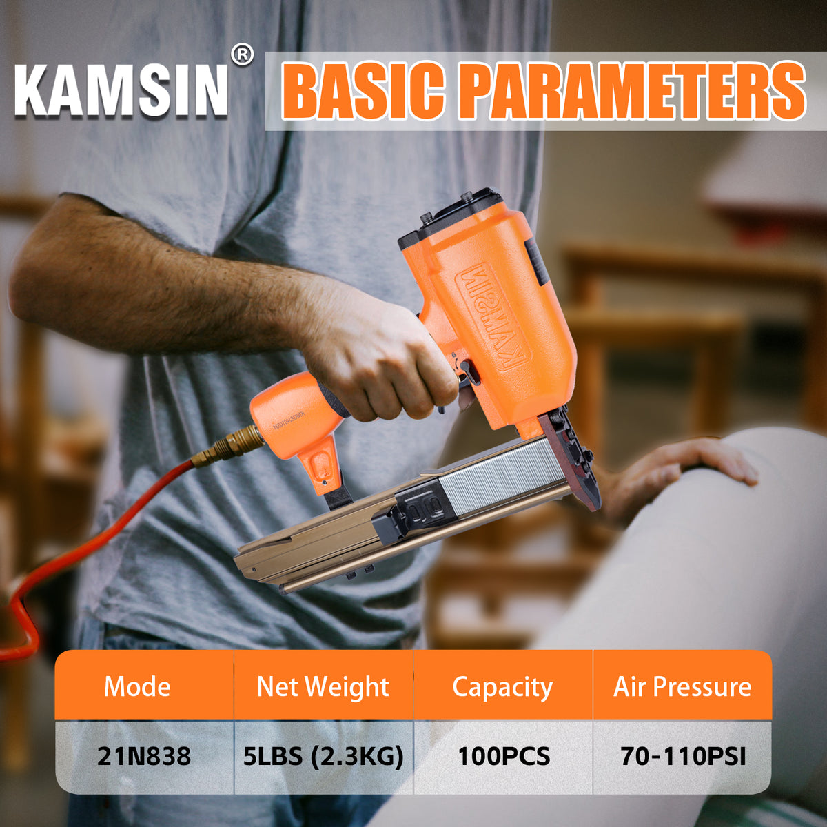 KAMSIN 21N838 16 Gauge Pneumatic Construction Stapler, 7/16'' Crown Stapler, Medium Crown Stapler for Sheathing, Roof Decking