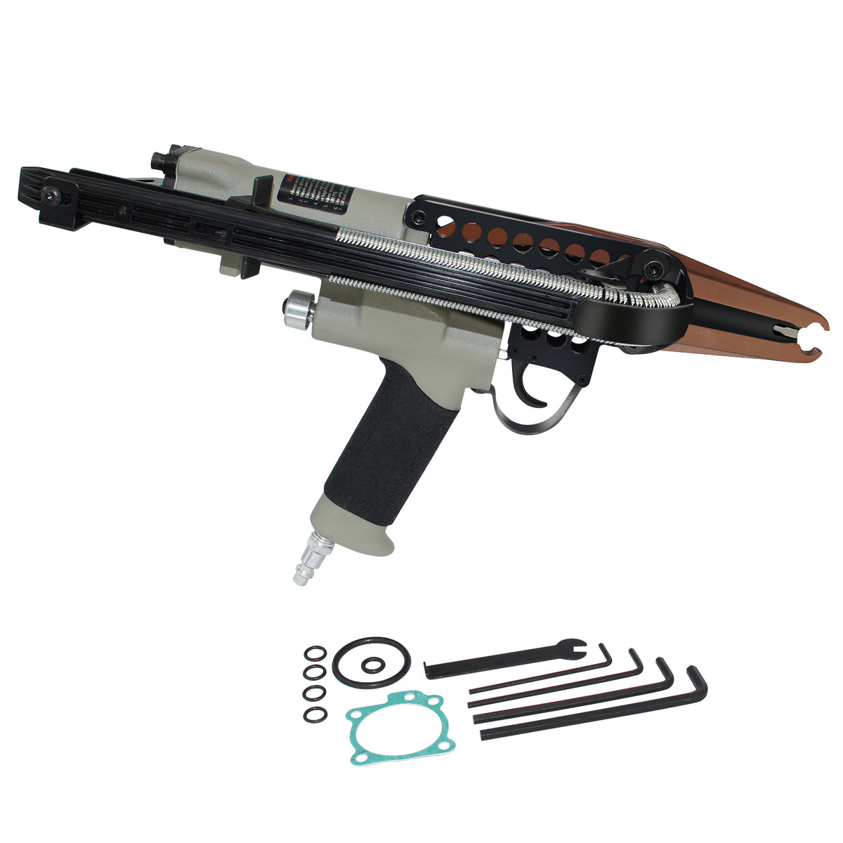Pistola neumática para anillos de cerdo Woodpecker C-77XE de calibre 15, engrapadora de anillos C de corona de 3/4 de pulgada con nariz extendida, diámetro de cierre de 7-8 mm para colchones de resortes y muebles