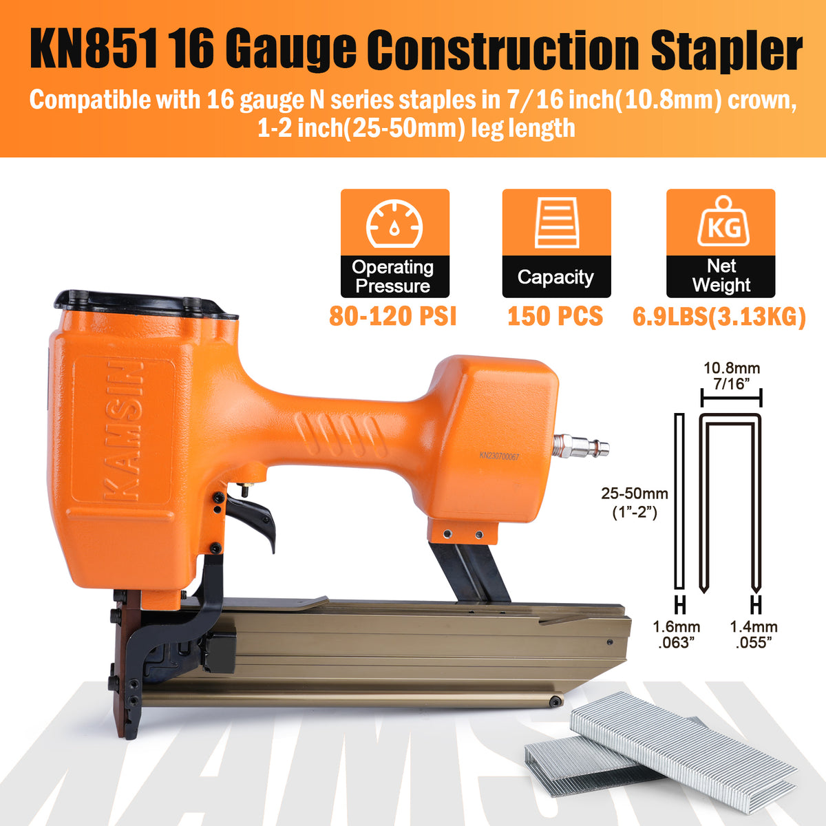 N851 16 Gauge Pneumatic Construction Stapler 7/16-Inch Medium Crown Upholstery Stapler with Safety Frame, Accepts 1" to 2" Length Staples, Heavy Wire Stapler for Furniture Making, Subflooring