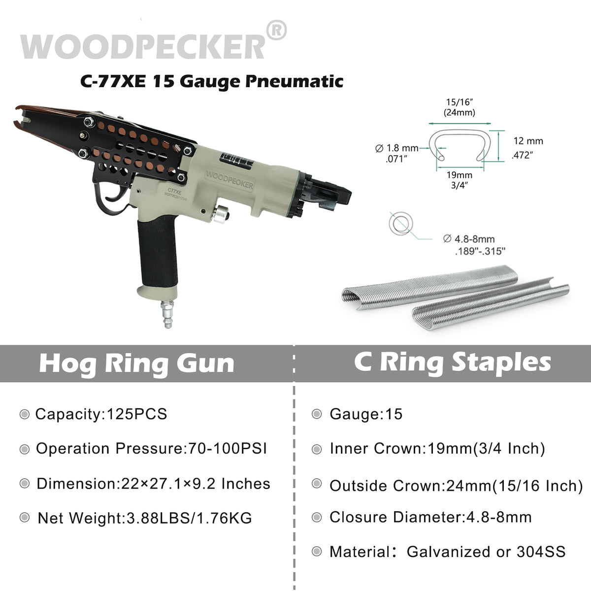 Pistola neumática para anillos de cerdo Woodpecker C-77XE de calibre 15, engrapadora de anillos C de corona de 3/4 de pulgada con nariz extendida, diámetro de cierre de 7-8 mm para colchones de resortes y muebles