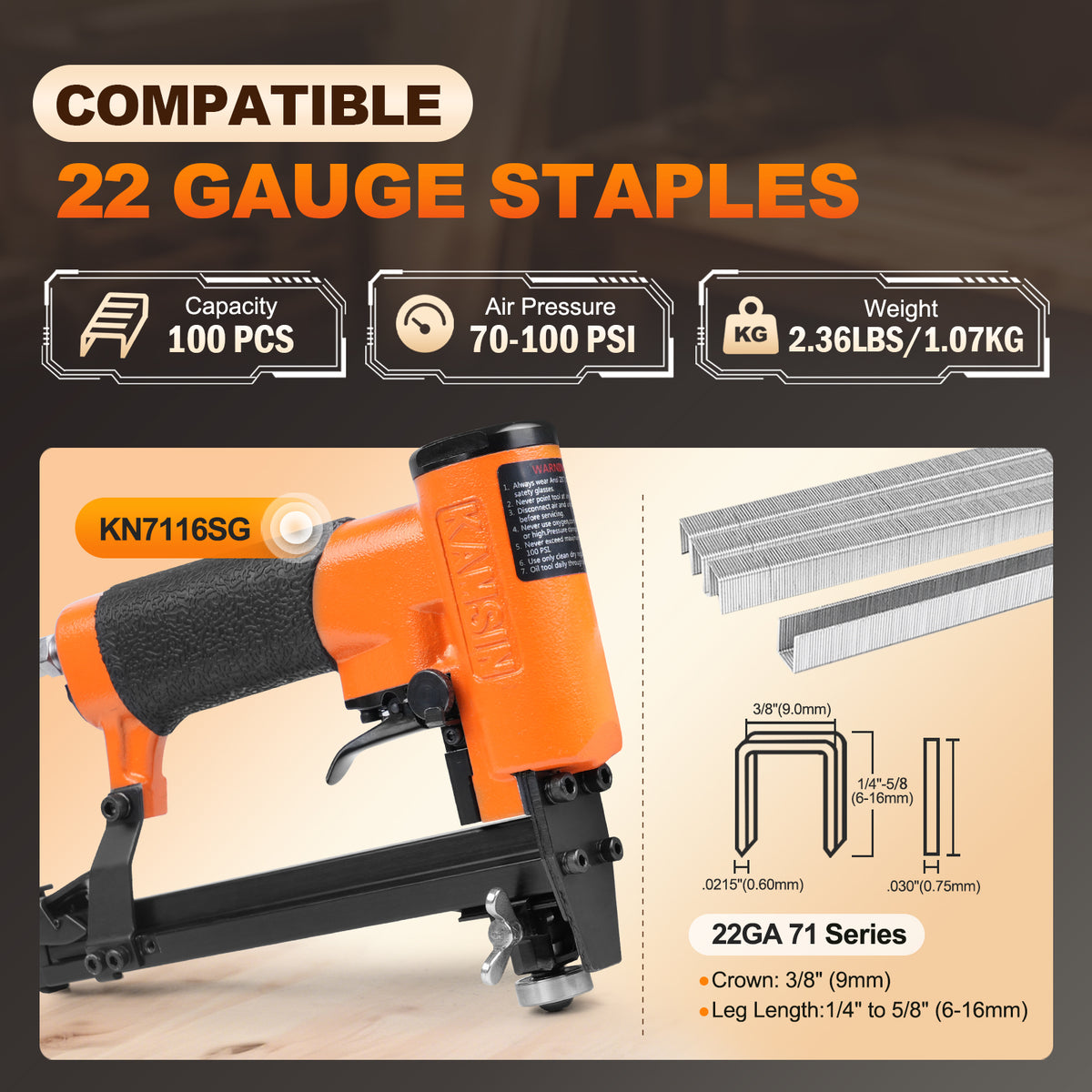 KAMSIN KN7116SG Grapadora neumática para tapicería de calibre 22 con disparo continuo y rodillo guía, corona de 3/8 pulgadas, longitud de pata de 1/4 a 5/8 pulgadas, grapadora de alambre fino para muebles y telas