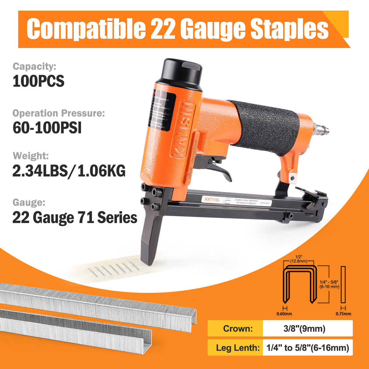 KAMSIN KN7116L 22 Gauge Pneumatic Upholstery Stapler, 3/8-inch(9.0mm) Crown Fine Wire Stapler Gun, 1/4-inch to 5/8-inch(6-16mm) Leg Length Long Nose Upholstery Staple Gun for Upholstering