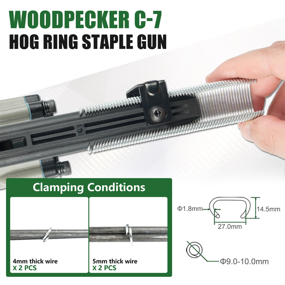 Woodpecker C7 15 Gauge Pneumatic Hog Ring Gun,1-1/16"(27mm) outside Crown 3/8"(9mm-10mm) Closure Diameter, Air-Powered Hog Ring Plier, Hog Ring Stapler for Gabion, Wire Cages, Fencing