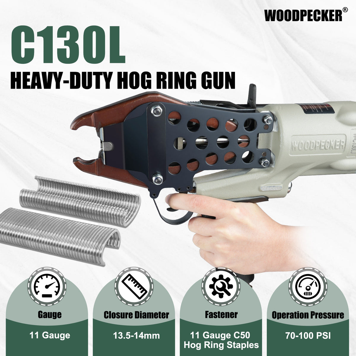 Woodpecker C130LJ / PFC50 11 Gauge Easy Carry Pneumatic Hog Ring Gun for Gabion 1 1/2 Inch Crown Air C Ring Plier for Wire Cages, Gabion, Fencing, Sofa, Spring Mattress, Car Seat, Bedding, Wire Mesh Baskets