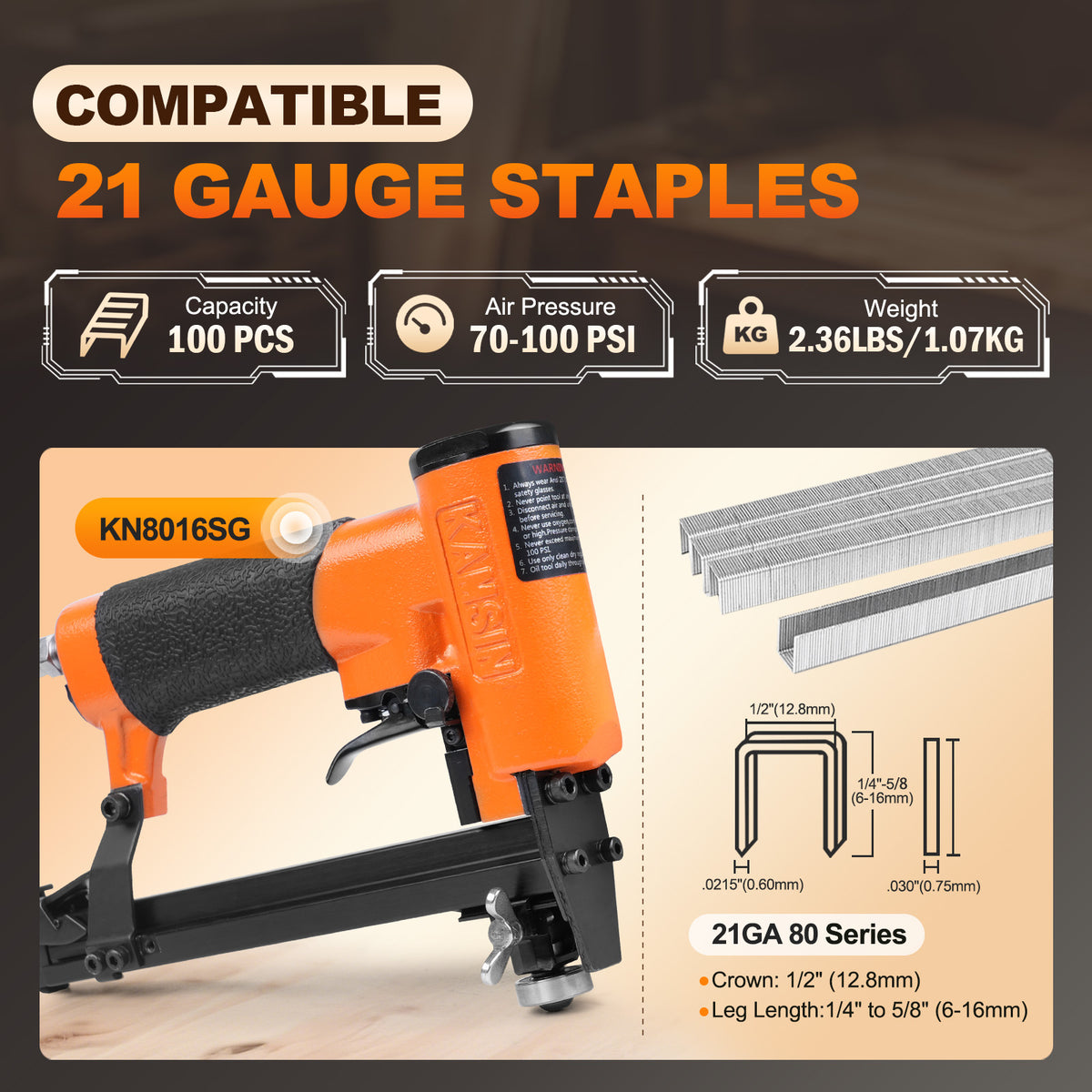 KAMSIN KN8016SG Grapadora Neumática para Tapicería de Calibre 21 Disparo Continuo con Rodillo Guía, Grapas de Corona de 1/2'', Longitud de 1/4'' - 5/8'', Grapadora Neumática para Tapicería de Muebles y Tejidos