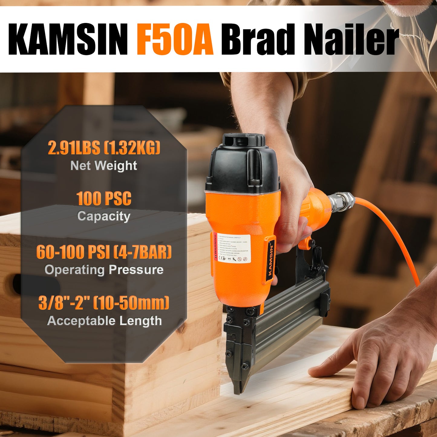 KAMSIN F50A 18 Gauge Pneumatic Brad Nailer With Safety, Accepts 3/8-Inch to 2-Inch (10-50mm) Brad Nails, Air Power Brad Nail Gun, Finish Nailer for Cabinets, Furniture, Upholstering, Woodworking
