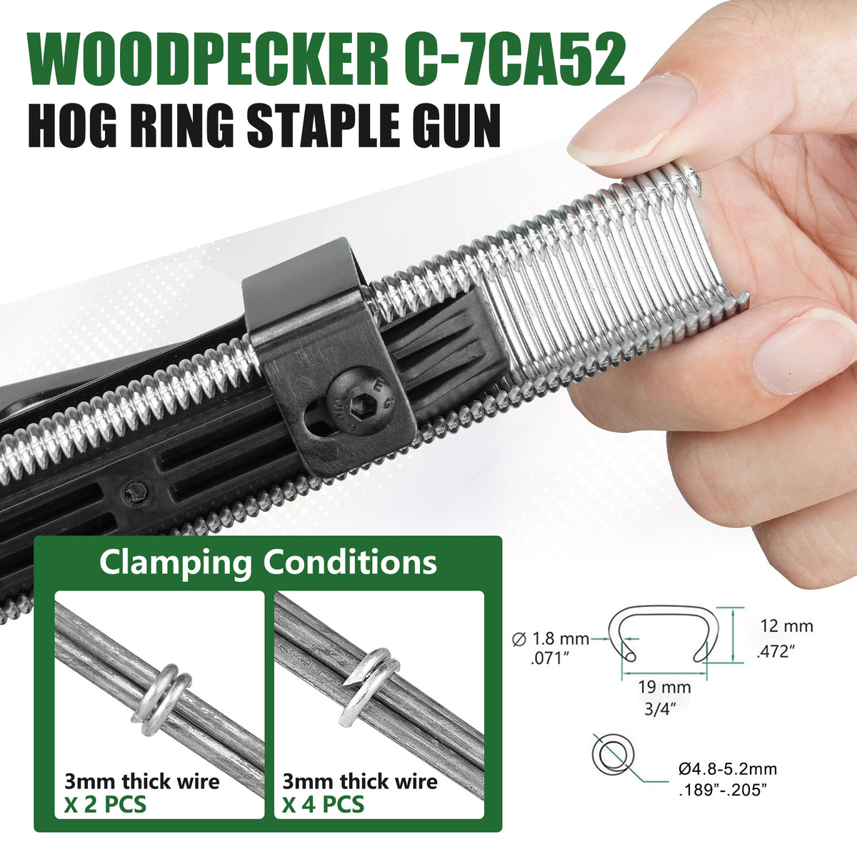 WOODPECKER C-7CA52 Kit de pistola neumática para anillos de cerdo de calibre 15 con 1000 grapas | Corona de 3/4", diámetro de cierre de 4,8 mm | Alicates de anillo en C de aire para cercas, colchones, jaulas y tapicería