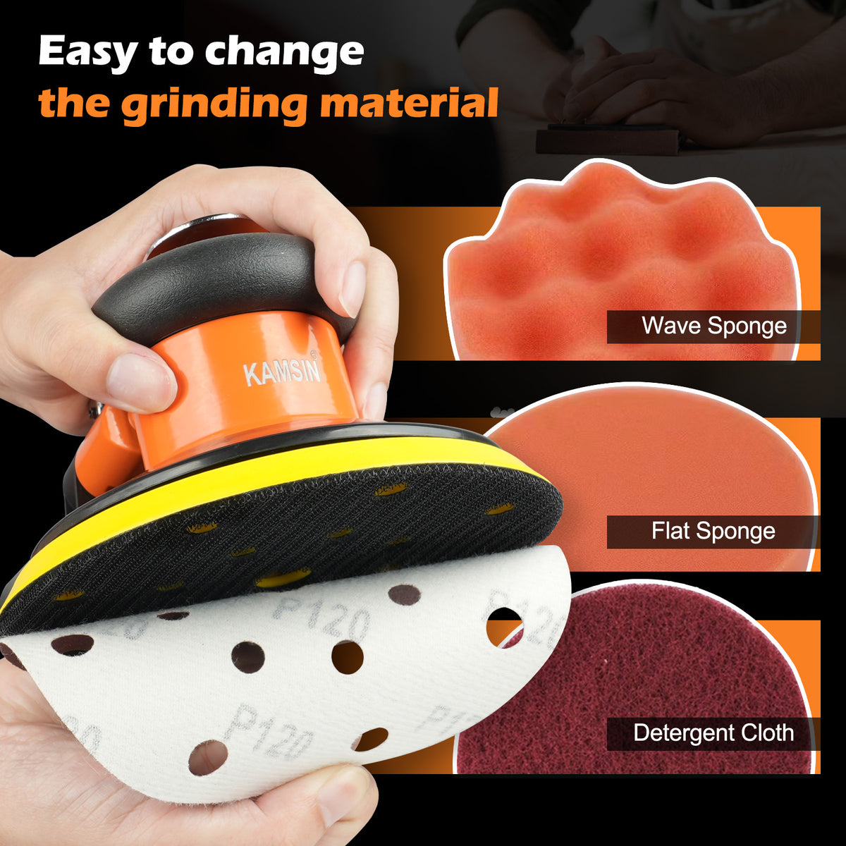 Lijadora orbital aleatoria neumática KAMSIN, lijadora de palma de aire, lijadora DA profesional de velocidad ajustable para carpintería, metal y carrocería de automóviles