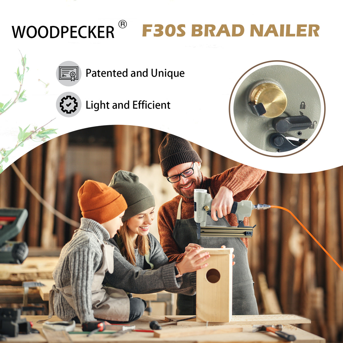 Clavadora neumática de clavos sin cabeza Woodpecker F30S de 18 gauge, de 3/8 a 1-3/16 pulgadas (10-30 mm) de longitud, clavadora neumática de disparo continuo, clavadora de acabado de seguridad para manualidades en madera