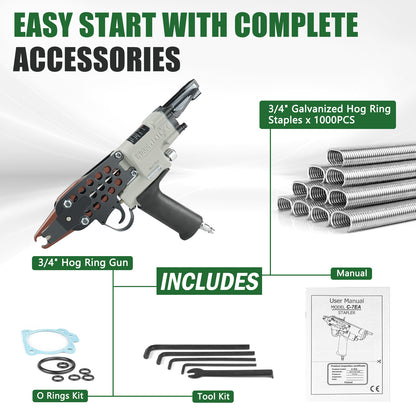 Woodpecker C-7EA 15-Gauge Pneumatic Hog Ring Gun | 3/4-Inch Crown Long Nose C-Ring Stapler, 7-8mm Closure Diameter | Professional Air-Powered Tool for Fencing, Mattress & Automotive Upholstery