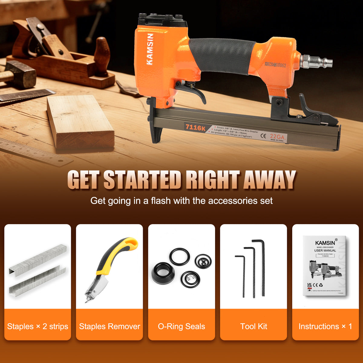 KAMSIN 7116K 22 Gauge 71 Series Pneumatic Upholstery Stapler, 3/8-inch(9.0mm) Crown Fine Wire Tool, 1/4-inch to 5/8-inch(6-16mm) Leg Length Air Upholstery Staple Gun for Furniture Upholstering