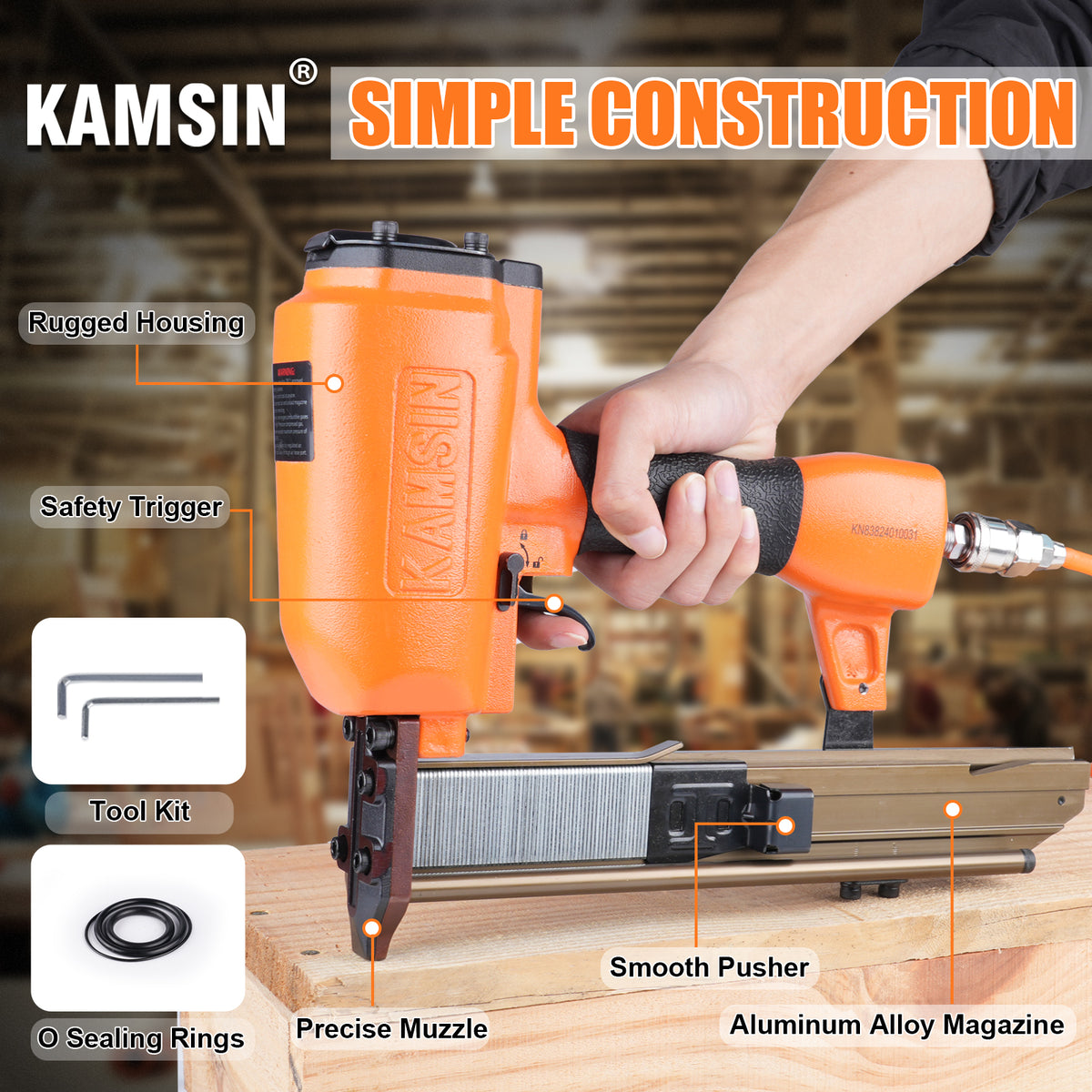 KAMSIN 21N838 16 Gauge Pneumatic Construction Stapler, 7/16'' Crown Stapler, Medium Crown Stapler for Sheathing, Roof Decking