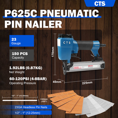 P625C Pneumatic Headless Pin Nailer, 23 Gauge Air Power Nail Gun, Drives 1/2-Inch to 1-Inch (12-25mm) Headless Micor Pins with Safety for Furniture, Crafts, Picture Framing