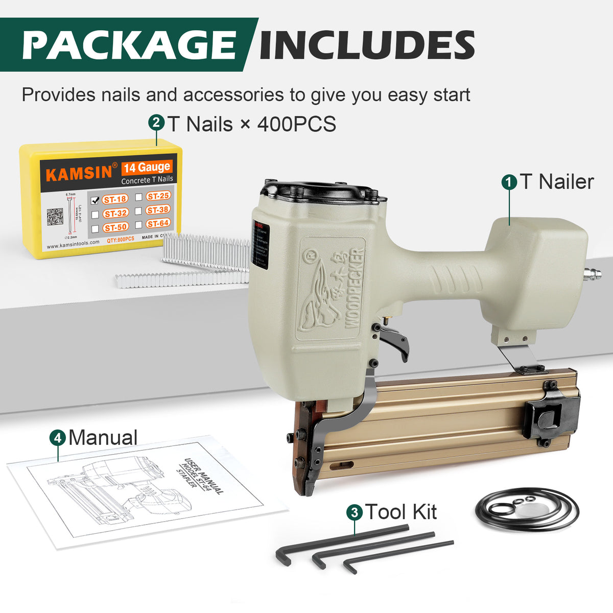 WOODPECKER ST64 14 Gauge Pneumatic Concrete T Nailer with 400 PCS 3/4" Concrete T Nails, 3/4" to 2-1/2" Concrete Nail Gun for Heavy Duty Concrete Nailing, Decking , Subflooring, Siding, and Soffits