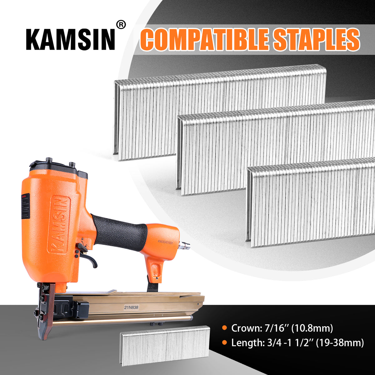 KAMSIN 21N838 16 Gauge Pneumatic Construction Stapler, 7/16'' Crown Stapler, Medium Crown Stapler for Sheathing, Roof Decking
