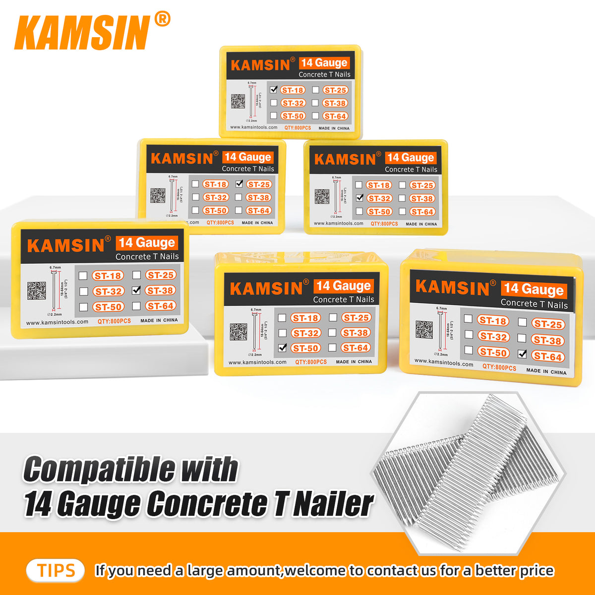 KAMSIN 14 Gauge Concrete T Nails, 18-64mm (3/4"-2 1/2"), Galvanized, 800 PCS/BOX