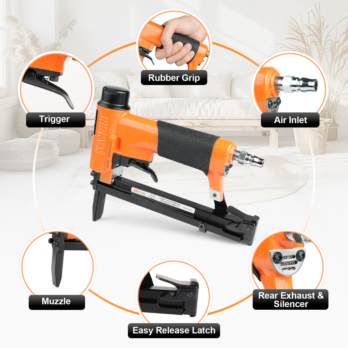 KAMSIN KN7116L 22 Gauge Pneumatic Upholstery Stapler, 3/8-inch(9.0mm) Crown Fine Wire Stapler Gun, 1/4-inch to 5/8-inch(6-16mm) Leg Length Long Nose Upholstery Staple Gun for Upholstering