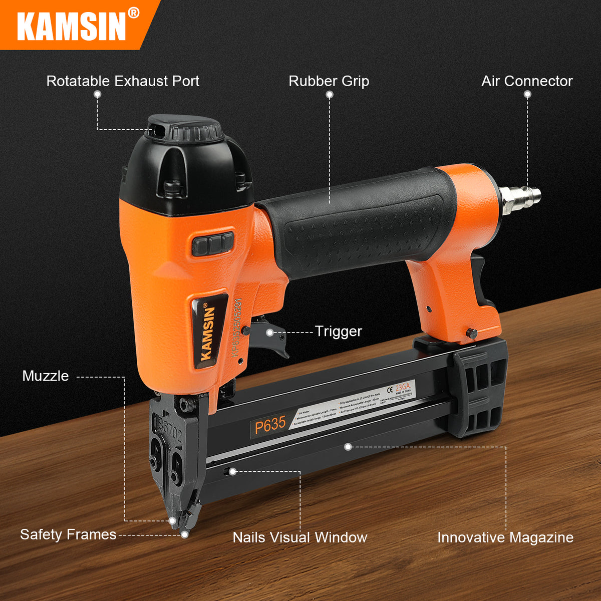 KAMSIN P635 23 Gauge Pneumatic Headless Pin Nailer Kit with Safety, 1/2"- 1-3/8"(13mm-35mm) Length Pin Nails, Air Powered Pinner for Cabinets, Interior Decoration and Picture Frames