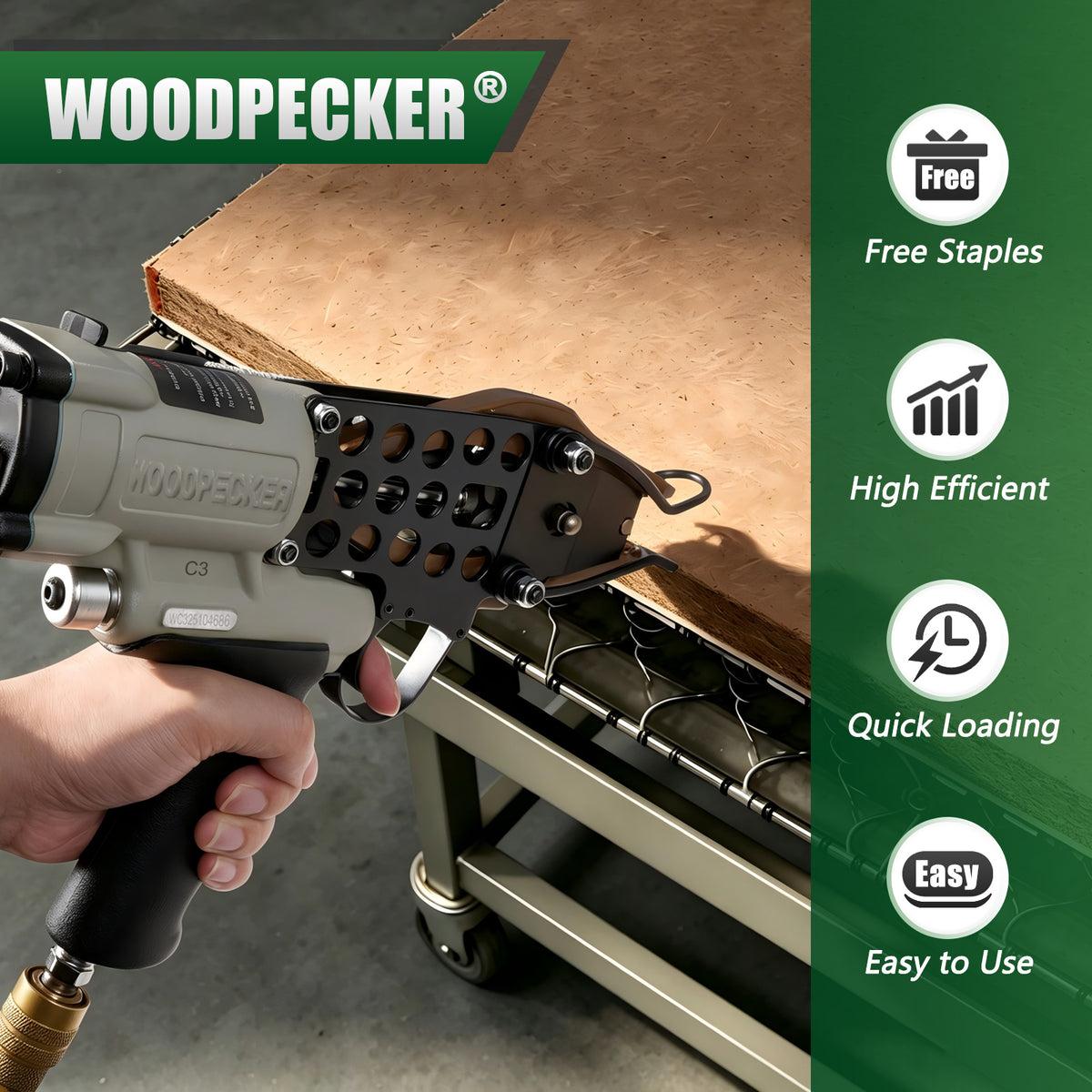 Pistola neumática para anillos de cerdo Woodpecker C3 - Calibre 15, corona exterior de 1-1/4”, diámetro de cierre de 10.5 mm, tenazas para anillos en C, herramienta para anillos de cerdo para colchón de fibra de coco
