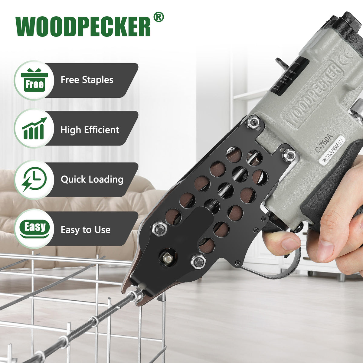 Pistola neumática para anillos de cerdo Woodpecker C-760A de calibre 16 | Corona de 1/2 pulgada, diámetro de cierre de 3.0-4.0 mm | Alicates de anillo en C accionados por aire para jaulas, cercas y tapicería automotriz