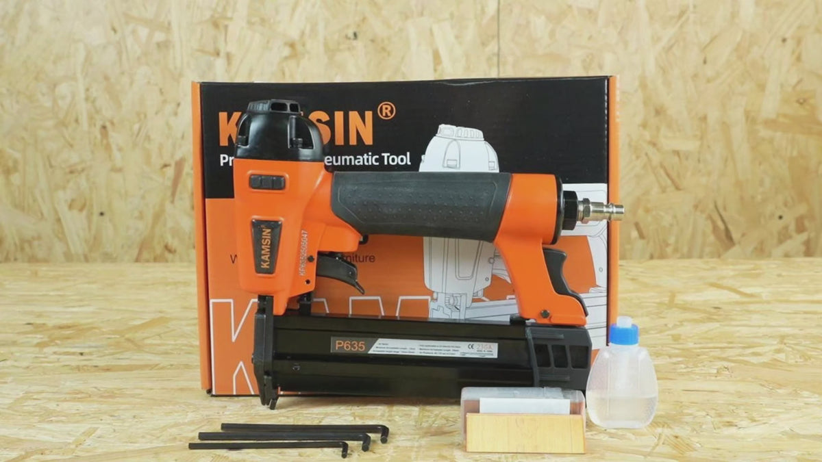 KAMSIN P635 Kit de clavadora neumática de pasadores sin cabeza de calibre 23 con seguridad, clavos de pasador de 1/2"- 1-3/8" (13mm-35mm) de longitud, clavadora de pasadores neumática para gabinetes, decoración de interiores y marcos de fotos