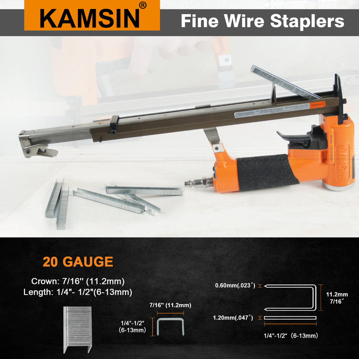 KAMSIN #KNL1013J Grapadora neumática para tapicería de muebles de calibre 20, corona de 7/16 pulgadas, grapadora de alambre fino con longitud de pata de 1/4 a 1/2 pulgada para fabricantes de muebles, tableros finos, sofás