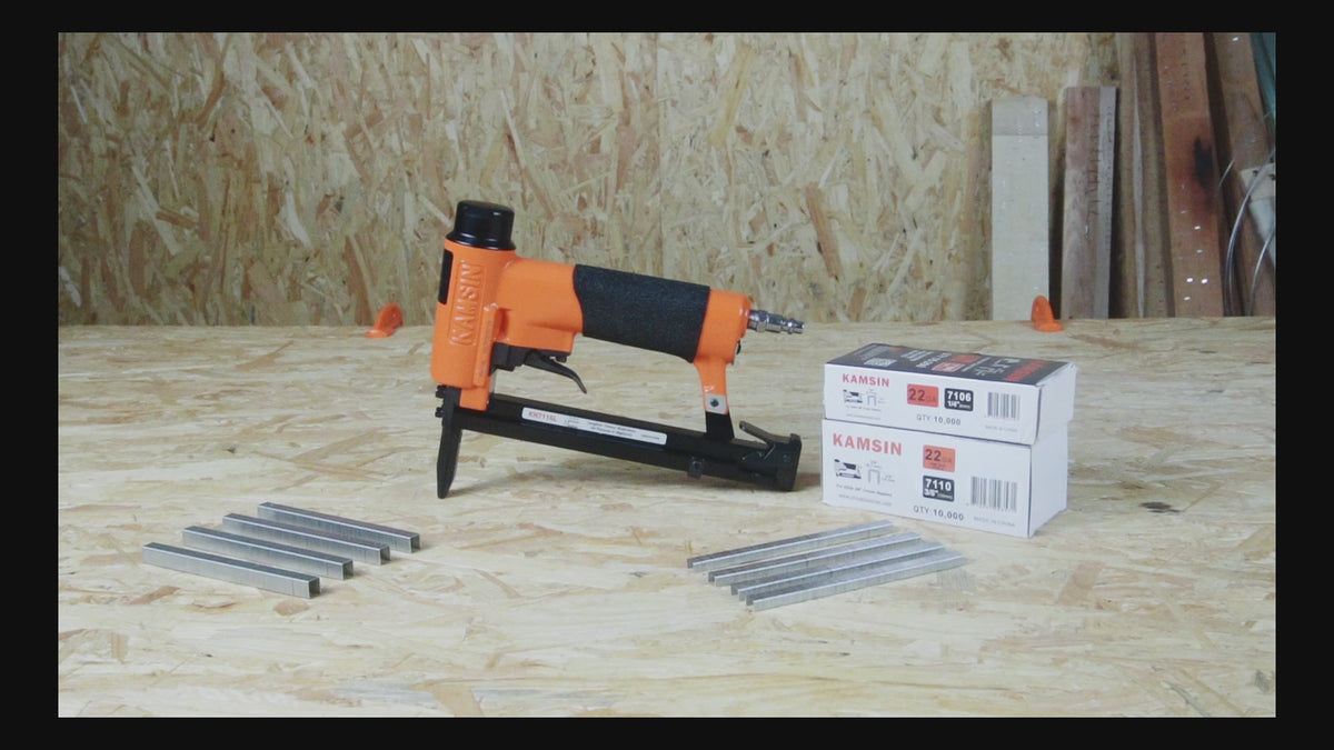 KAMSIN KN7116L 22 Gauge Pneumatic Upholstery Stapler, 3/8-inch(9.0mm) Crown Fine Wire Stapler Gun, 1/4-inch to 5/8-inch(6-16mm) Leg Length Long Nose Upholstery Staple Gun for Upholstering