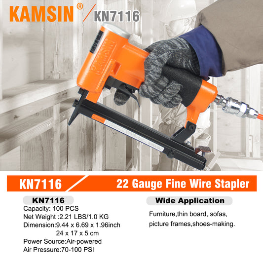KAMSIN KN7116 22 Gauge Pneumatic Upholstery Stapler 71 Series 3/8-Inch Crown 1/4-Inch to 5/8-Inch Leg Length Fine Wire Stapler ,Furniture Stapler for Furniture and Fabric